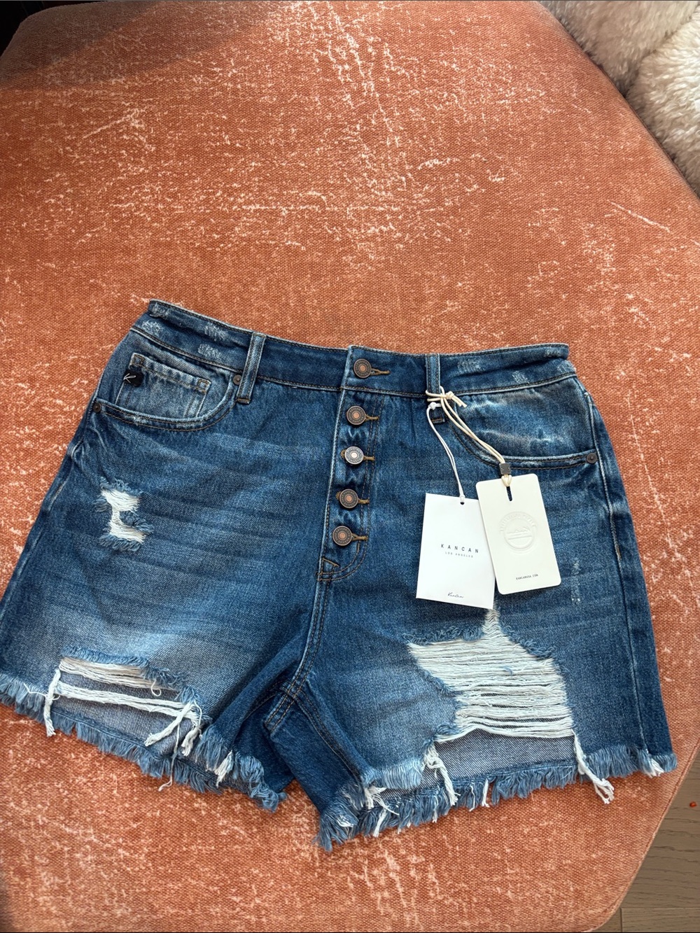 KanCan Distressed Button-Fly Denim Shorts - Blue